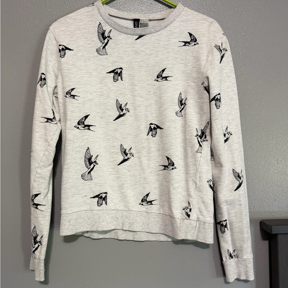 Light Gray Bird-Print Crewneck Sweater - Women